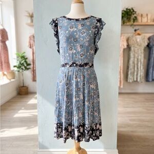 LOFT Blue and Black Floral Midi Dress